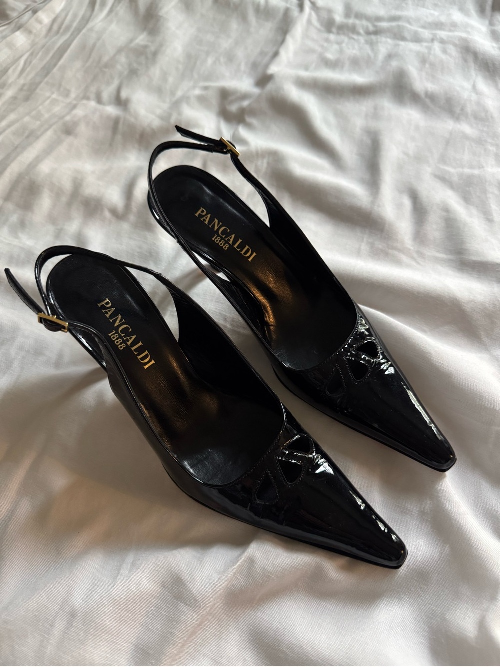 Pancaldi Black Patent Pointed Slingback Heels